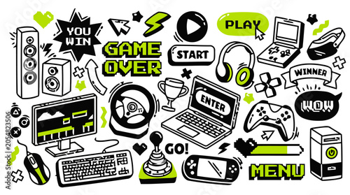 Foto Hand-drawn video game equipment and gaming interface elements doodle set in blac