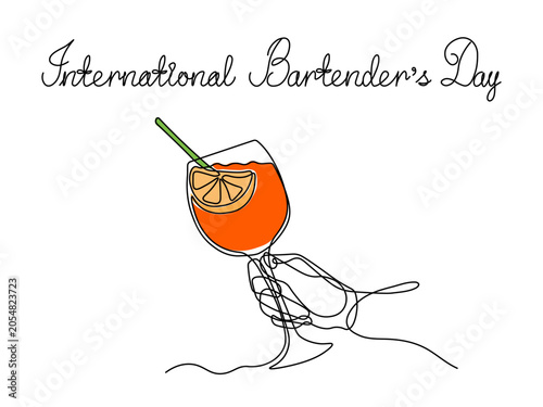 International Bartender's Day. Greeting card. Abstract hand with glass of Cocktail spritz aperol with straw, continuous single one line art hand drawing sketch logo on white background