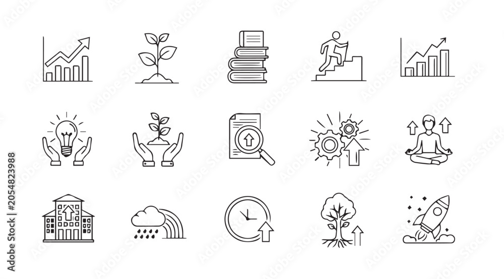 Fototapeta premium Growth and development icons with business and life concepts in clean outline style