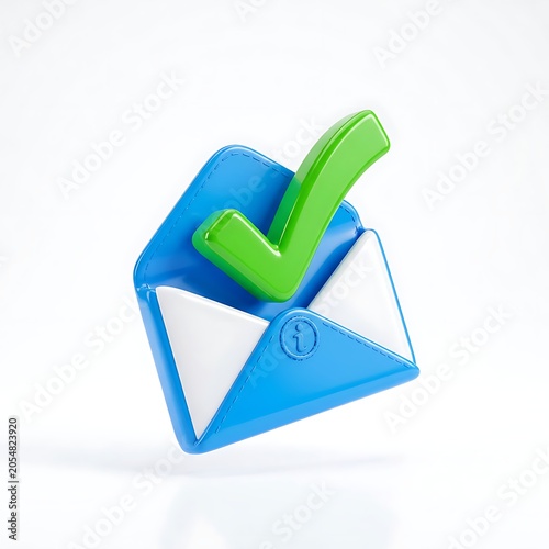 3D icon of an open blue envelope with a green checkmark.