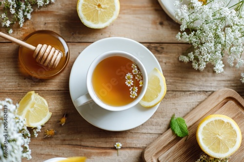 Top-down view of a wooden table with tea, honey, and wildflowers, one bee landing on a lemon slice, bright and airy breakfast aesthetic