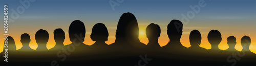 Group of people faces head and shoulders portrait front view black silhouettes with sunset sky as background vector illustration.