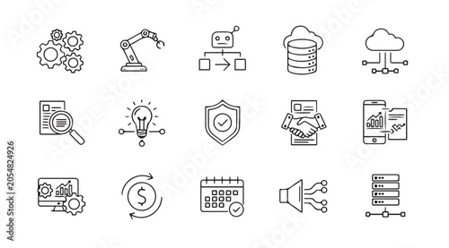 Industrial automation icons in a grid with technology symbols and business concepts on white