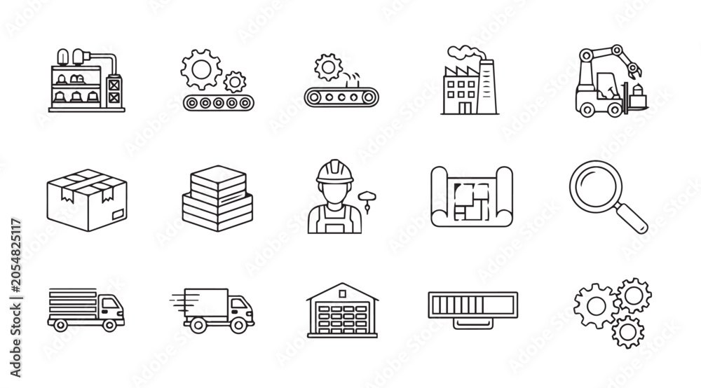 Fototapeta premium Industry icons in a clean line style with white background representing manufacturing and logistics concepts