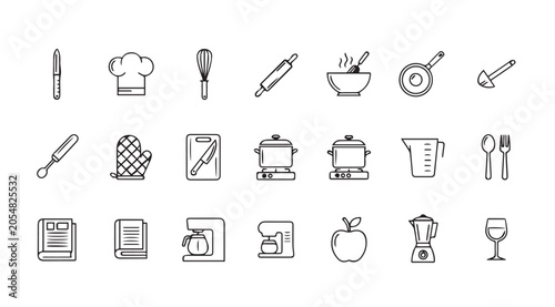 Kitchen utensil icons arranged in a grid for culinary design projects