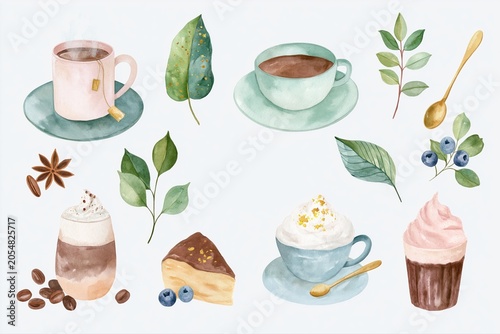 Watercolor cafe coffee set with cups leaves and desserts