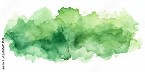 Abstract Green Watercolor Grass Landscape Background with Blue Sky and Soft Cloud Texture