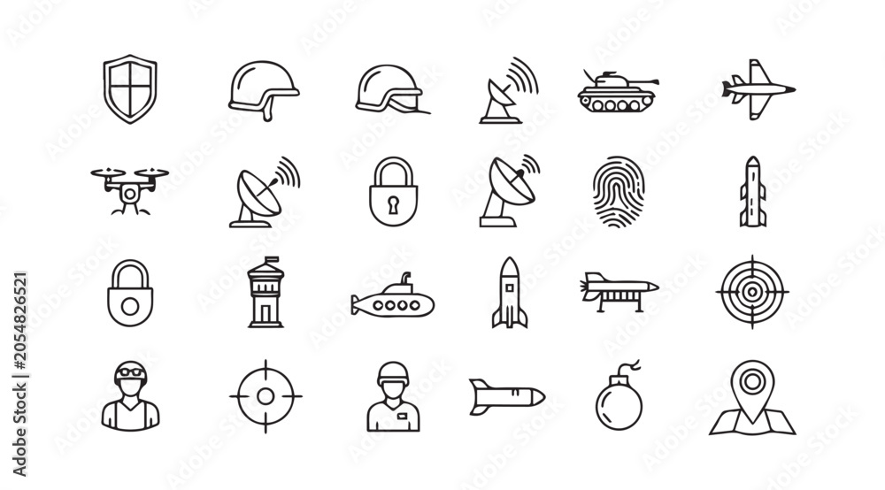 Fototapeta premium Military defense icons in a grid layout with clean lines against a white background for security concepts