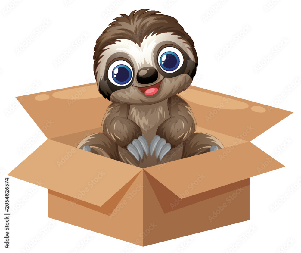 Fototapeta premium Cute Cartoon Sloth Sitting Inside an Open Cardboard Box
