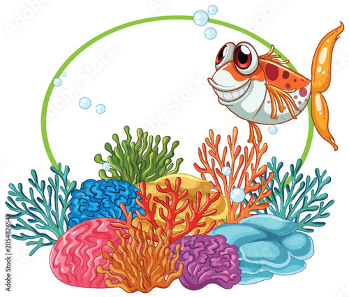 Cartoon Fish Swimming Near Colorful Coral Reef With Oval Frame