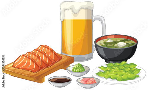 Japanese Salmon Sashimi Meal with Beer and Miso Soup Vector