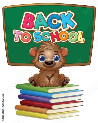 Cartoon Bear Sitting on Stack of Books with Chalkboard Background