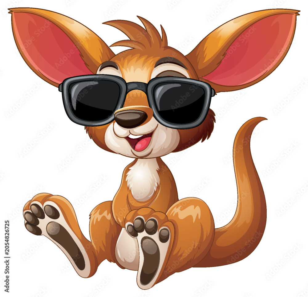 Naklejka premium Cute Cartoon Baby Kangaroo Wearing Sunglasses Sitting on White Background