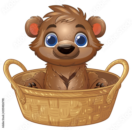 Cute Cartoon Baby Bear Sitting Inside a Woven Wicker Basket