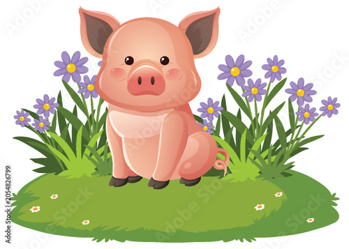 Cute Pink Piglet Sitting in a Field of Purple Flowers