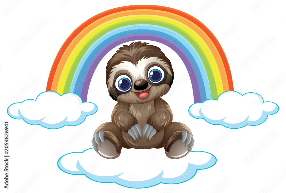 Fototapeta premium Cute Cartoon Sloth Sitting on Cloud with Colorful Rainbow Background