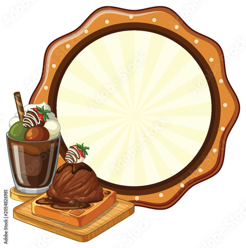 Chocolate Ice Cream Waffle and Sundae with Blank Circular Signboard
