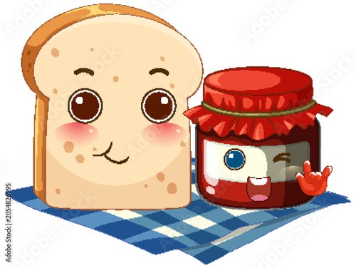 Cute Cartoon Slice of Bread and Jam Jar on Picnic Cloth