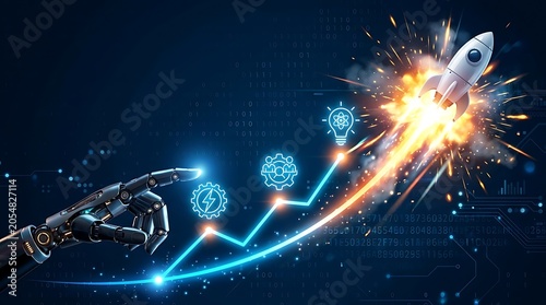 Robotic Innovation Launch: A robotic arm guides a rocket launching upwards, symbolizing technological advancement and business growth, with digital icons representing innovation and progress.