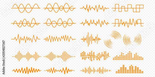 Obraz na płótnie Podcast audio waveform and equalizer bars set, monochrome sound frequency lines and voice recording elements