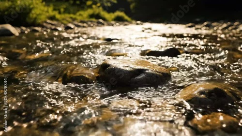 Sunlit stream flowing over rocks in a forest, with sparkling water and a peaceful natural scene