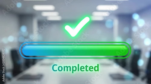 Green progress bar at 100 percent over a blurred modern office background, showing completion, loading, and success