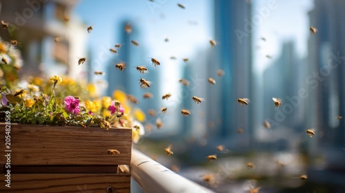 Urban gardening concept: bees flying around a balcony flower box with skyscrapers in the blurred background, sunny day