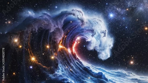 A glowing blue ocean wave formed in outer space with stars, light, and mist against a dark cosmic background.