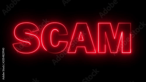 Neon SCAM text icon animation glowing red color business poster template signboard alphabet font letter word banner sign seamless light effect footage on black background