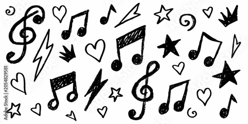 Musical Notes And Symbols Sketch Black Ink On White Background