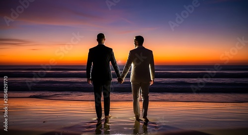 Two men holding hands at sunset on a beach silhouette view