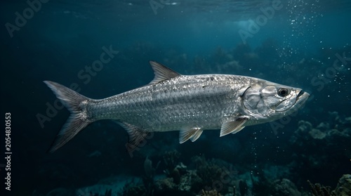 A large silver Tarpon swimming underwater in the ocean.