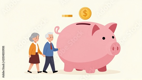 Elderly couple walking towards a large piggy bank with coins falling into it, representing savings and retirement planning