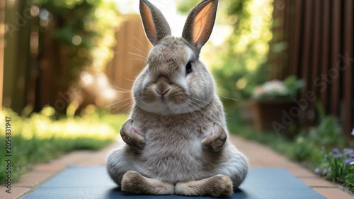Meditating rabbit in a serene garden: mindfulness and calm outdoors.