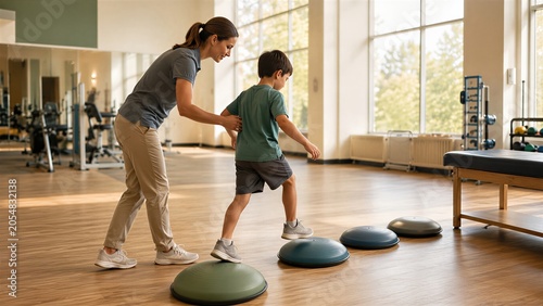 Physiotherapist helping boy with balance exercise in clinic. Physical therapy for child using dome trainer. Rehabilitation and recovery training session in sports gym and medical center.