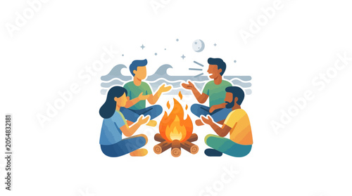 Group of four friends sitting around a campfire at night on the beach.