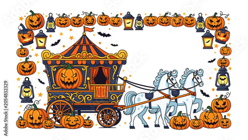 Fotografía Halloween Carriage of Spooky Delights: A whimsical Halloween carriage, adorned with carved pumpkins and lanterns, is pulled by two white horses, setting a festive and eerie scene