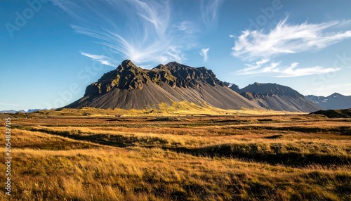 A majestic mountain under wispy clouds, overlooking a grassy field under a serene blue sky, evoking a sense of scale