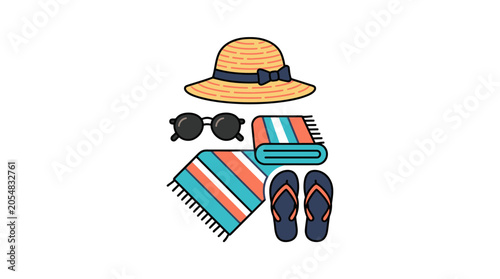 A collection of essential summer beach vacation items including a hat sunglasses towel and flip flops.