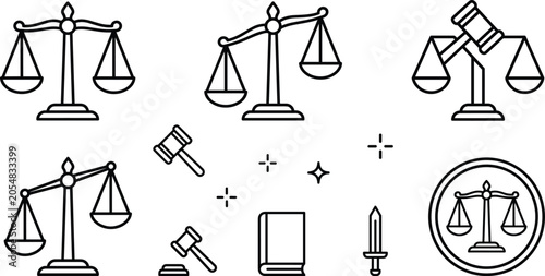 Bild auf Leinwand Law justice scale gavel icon set black linear vector icons collection for legal