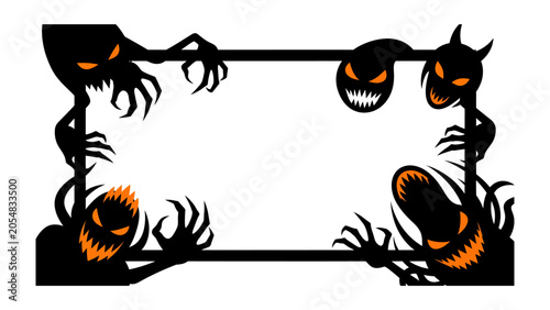 Foto Spooky Halloween Border: Eerie, shadowy figures with glowing orange eyes and menacing grins lurk around a rectangular frame, creating a perfect Halloween-themed border for your designs