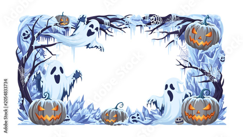 Fotografie Spooky Halloween Frame: A chilling border of ghostly apparitions and carved pumpkins sets a frighteningly festive tone, perfect for adding a touch of supernatural to any Halloween-themed design