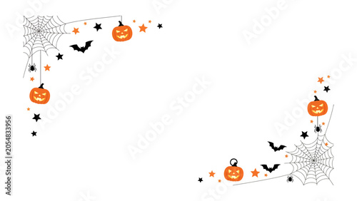 Billede på lærred Halloween Corner Design: A festive arrangement of Halloween motifs, including jack-o'-lanterns, spiderwebs, bats, and stars, decorate the corners of a design space