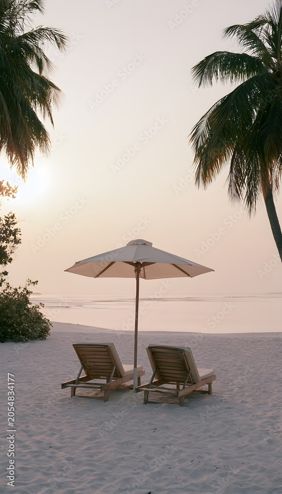 Obraz premium Golden hour serenity beach chairs and parasol under palms evoke tranquil coastal escape moments