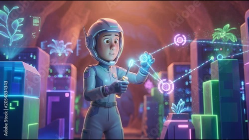 Animated figure interacting with futuristic digital interface