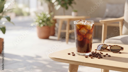 Coffee beverage served with ice cubes sits on a modern wooden patio table next to a pair of sunglasses during a bright and sunny afternoon outdoors.