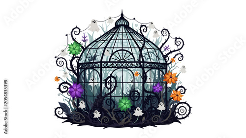 Tableau sur toile Mysterious Greenhouse Fantasy: An eerie, gothic greenhouse, shrouded in spooky flora and whimsical ghosts, beckons with a touch of Halloween enchantment