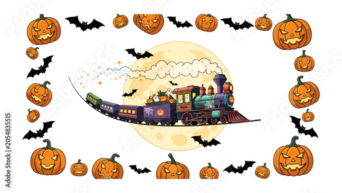 Foto Halloween Express: A whimsical steam train, adorned with festive pumpkins and bats, chugs across a large full moon, embarking on a magical Halloween journey
