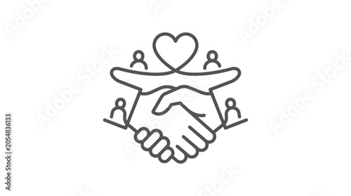Handshake forming a heart with community figures icon.