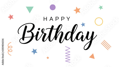 Tableau sur toile Happy Birthday Celebration: A vibrant and festive graphic featuring the words Happy Birthday surrounded by colorful confetti, stars, circles, and triangles